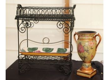 Decorative Metal Stand With Removable Tray And Floral Urn Vase