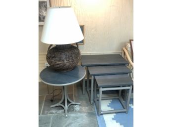 Rattan Wood Nesting Tables With 24' Round End Table And Large Wicker Lamp