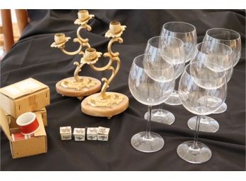 Gold Tone Floral & Marble Candlesticks With Fitz & Floyd Napkin Rings And Wine Glasses