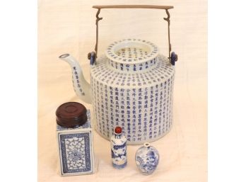 Vintage Chinese Stamped Porcelain Teapot And Vintage Snuff Bottle With Dragon Wax Seal