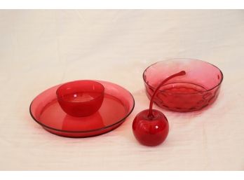 Signed Blown Glass Cherry By Carlsen With Cranberry Glass Serving Dish & Bowl