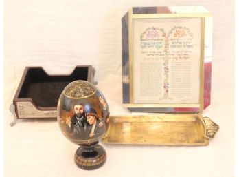 Hand Painted Wood Egg By A.M 1998, Brass Tray, Matzah Box And Framed Prayer