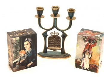 Hand Painted ' Colors Of Jerusalem ' Tzedakah Boxes With Brass Candle Holder Made In Israel