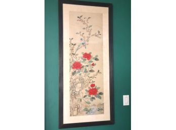 Large Asian Floral Print With Stamp In Corner Silk Matting In Black Fluted Frame