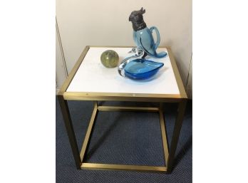 Vintage Brass Finish End Table With Decorative Glass Items