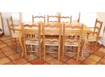 Pine Wood Farm Style Dining Room Table With 8 Pine Rush Ladder Back Chairs