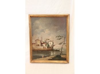 Vintage Oil On Canvas With Hammered Gold Frame, European Village By The Water
