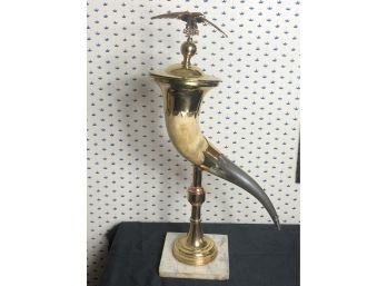 Brass And Metal Horn Statue With Eagle On Marble Base