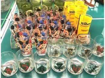 Large Lot Of Vintage Glasses Includes Mickey Mouse, Playing Cards, Wilson Tennis