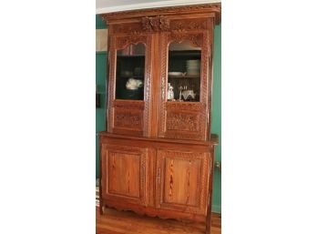 Large Antique French Carved Wood China Cabinet With Detailed Floral Carvings (Does Not Include Contents )