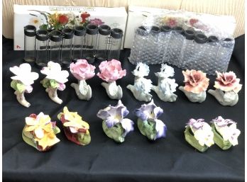 7 Sets Of Fine Bone China Floral Napkin Rings With Serpentine Vases