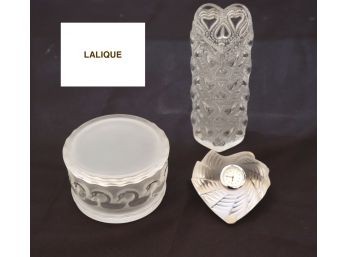 Lalique Crystal Lot Includes Swan Powder Box, Clock And Heart Vase