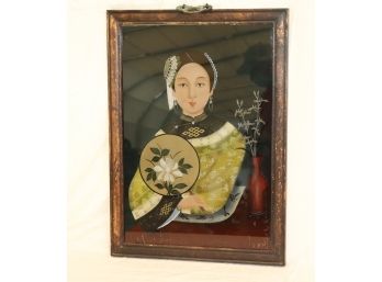 Vintage Asian Style Painting Lady With Fan On Reverse Glass In WoodFrame