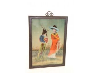 Vintage Asian Style Painting On Reverse Glass In Wood Frame 2 Elegant Ladies In Field