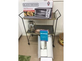 Metal Serving Cart With Black And Decker Toaster Oven, Mr. Mixer, Pitcher And Fish Mold
