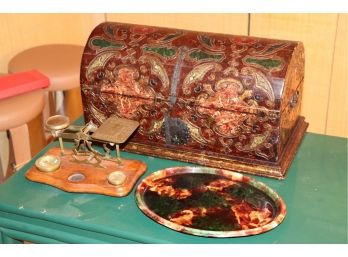 Large Decorative Carved Wood Box, Vintage Postal Scale And Majolica Plate By Wedgewood