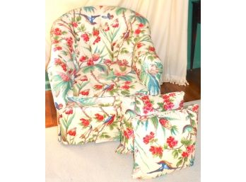Custom Fabric Arm Chair With Flowers And Birds Includes Matching Pillows