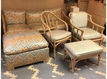 Rattan Sofa And Chairs With Ottomans And Custom Vinyl Cushions
