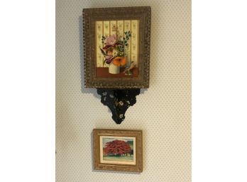 2 Signed Paintings In Frames By Idigoras With Hand Painted Wall Shelf