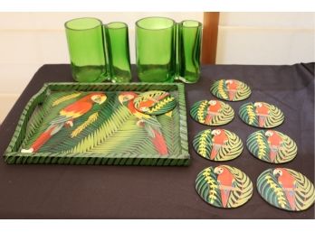 Hand Painted Wood Parrot Tray With Coasters And Green Glass Vases