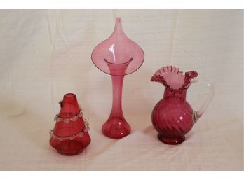 Hand Blown Cranberry Glass Pitcher And Vases
