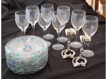 Orrefors Crystal Wine Glasses With Sterling Rose Candle Holders & Hand Painted Plates