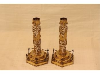 Handmade Silver And Brass Candlesticks By M. Ende Israel 8' Tall