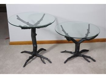 Set Of Metal Natural Looking Tree Branch Glass Side Table