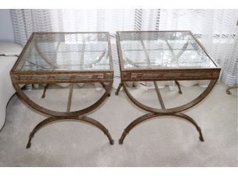 Pair Of Metal And Glass End Tables With Beveled Glass