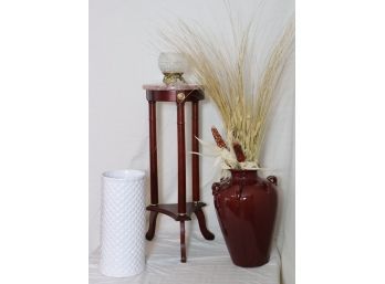 Marble Top Pedestal With Decorative Vases And Chalk Crystal Bowl