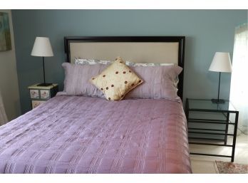 Queen Size Bed With Pottery Barn Headboard And Side Tables With Lamps