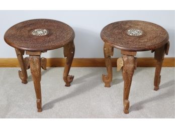 Pair Of Hand Carved Sandalwood Inlaid Side Tables With Elephant Legs