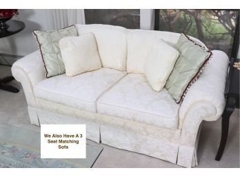 Off White Damask Loveseat By Heritage ( Stain On Arm Of Chair )