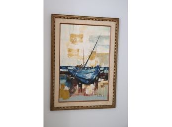 H. Dimon Signed Painting Ship At Seashore 1950's