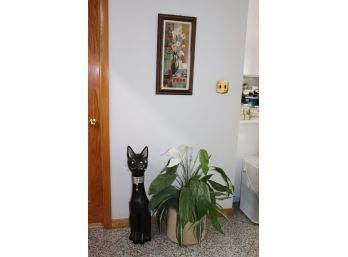 Large Ceramic Cat And Framed Floral Art By S. Vassilser And Decorative Faux Plant
