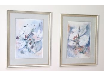 Pair Of Signed Floral Prints In Silver Frames