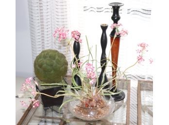 Lot Of Decorative Items Including Candlesticks And Faux Plants