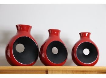 Set Of 3 Red & Black Decorative Vases