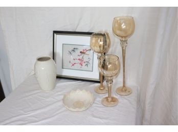Silk Embroidered Chinese Bird Art With Lenox Vase And Wine Glass Candle Holders