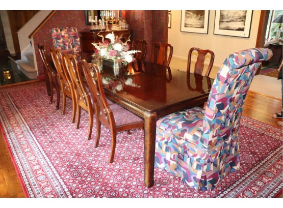 Chinese Chippendale Style Dining Table With 2 Leaves, Custom Fabric High Back Parsons And 8 Side Chairs