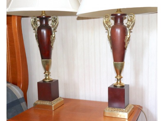 Pair Of Decorative Brass Finished Lamps On Wood Base