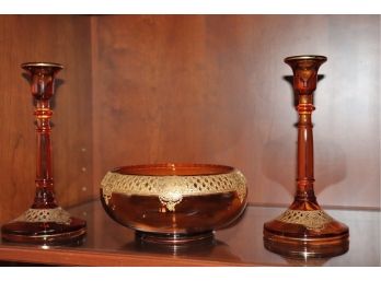 Amber Colored Chezkoslavakian Candlesticks And Bowl Set With Gold Detail