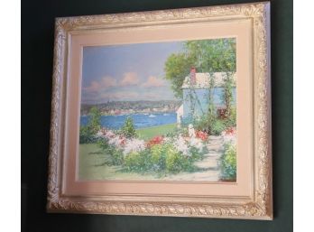 Large Beautiful Signed Painting Of A Seaside Cottage In Decorative Carved Frame