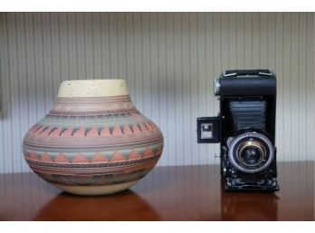 Vintage Kodak Kodex No.1 Camera And Signed Navajo Style Pottery By Dennis Charlie