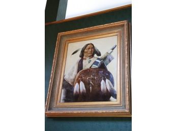 Troy Denton Signed Oil Of Indian Chief In Large Ornate Gold Frame
