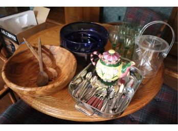 Mixed Lot Of Housewares Includes Wood Salad Bowl, Wine Glasses, Flatware And More