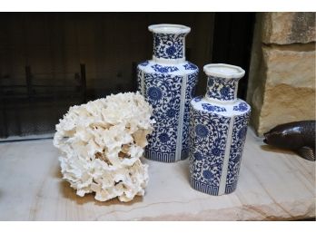 Set Of Blue And White Floral Japanese Vases 15' & 12' Tall With  Large Coral Piece