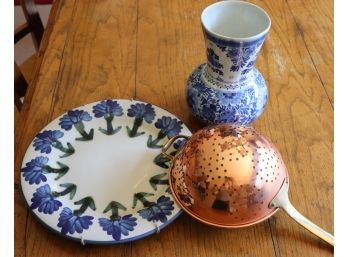Decorative Hand Painted Blue Floral Plate With Delft Vase And Copper Strainer