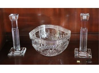 Pair Of 10' Tall Waterford Crystal Candlesticks With Dolphin Design Crystal Bowl