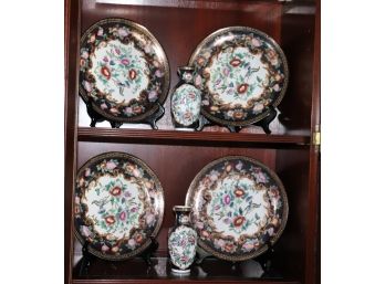 Set Of Four 10' Chinese Floral And Bird Plates With Two 6' Vases
